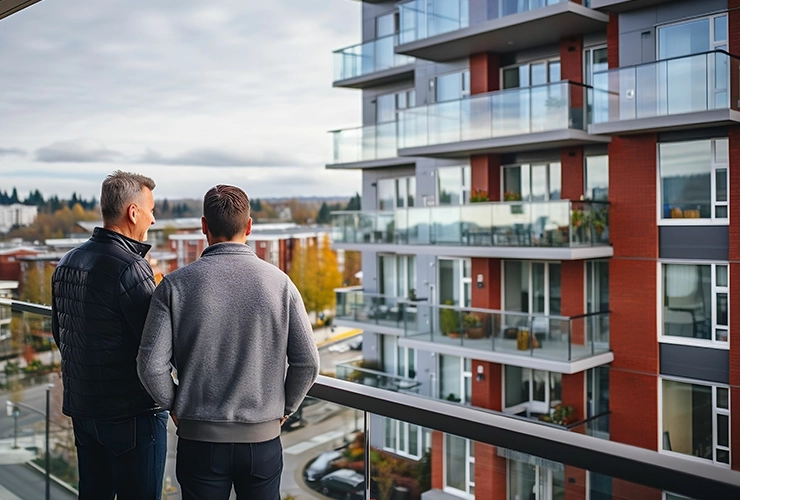 Deux hommes positionnés sur un balcon avec une vue sur des batiments