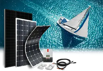 Flexibles Solarmodul zwei starre Solarmodule SRNE Regler Kabel und Befestigungsecken im Hintergrund das Meerwasser und ein Boot