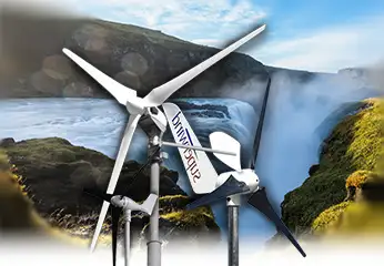 Drie verschillende modellen windturbines (Newmeil, Superwind) met een berglandschap en een waterval