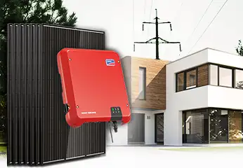 Full Black solar panels, SMA Sunny Boy inverter, modern house architecture and electricity pylon in the background