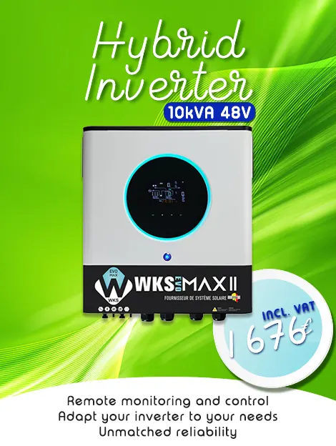 Hybrid UPS WKS Evo MAX II 10kVA 48V on an abstract green background. At a price of €1676 including VAT. Features: Remote monitoring and control, Adapt your inverter to your needs, Uncompromising reliability