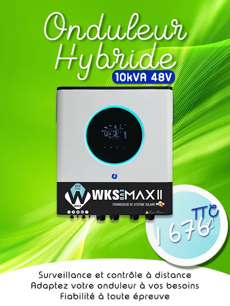 Onduleur Hybride WKS Evo MAX II 10kVA 48V sur un fond vert abstrait. Au prix de 1676€ T.T.C. Points forts: Surveillance et contrôle à distance, Adaptez votre onduleur à vos besoins, Fiabilité à toute épreuve