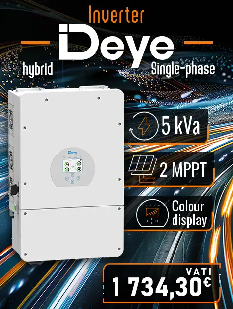 Deye 5 kVA single-phase hybrid inverter with the following logo and indications: 5 kVA single-phase hybrid inverter, 2 MPPTs and a colour screen costing 1734.30 euros incl. VAT. This is on a bright blue/orange coloured background