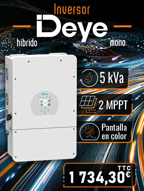 Inversor híbrido monofásico Deye 5 kVA con el siguiente logotipo e indicaciones: Inversor híbrido monofásico de 5 kVA, 2 MPPT y una pantalla en color que cuesta 1734,30 euros, IVA incluido. Todo ello sobre un fondo de color azul/naranja brillante