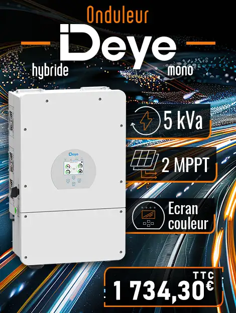 Onduleur hybride monophasé Deye 5 kVA avec le logo et les indications suivantes: Onduleur hybride monophasé de 5Kva, 2 MPPT et un écran Couleur d'un montant de 1734,30 euro TTC. Celui-ci est sur un fond coloré lumineux bleuté/orangé