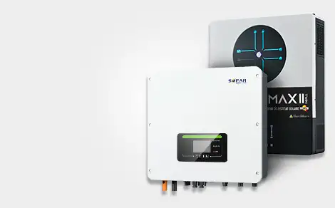 Beispiele für Hybrid-Wechselrichter: Sofar Solar und WKS EVO MAX II, auf grauem Hintergrund.