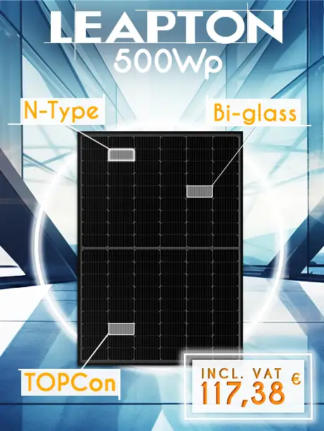 Leapton N-Type 500Wp TOPCon bifacial solar panel on an abstract bluish glass background. Its strong points are mentioned: Bifacial, N-Type cells, 500 Wp output and Top-Con cell