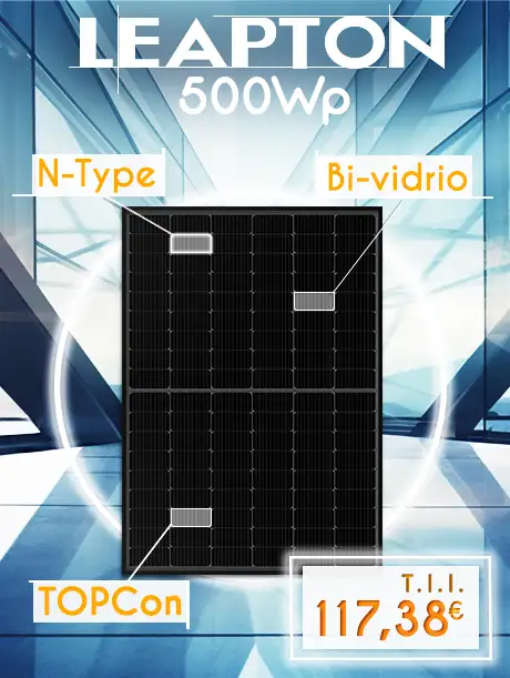 Panel solar bifacial Leapton N-Type 500Wp TOPCon sobre un fondo abstracto de cristal azulado. Se mencionan sus puntos fuertes: Bifacial, células de tipo N, potencia de 500 Wp y célula Top-Con