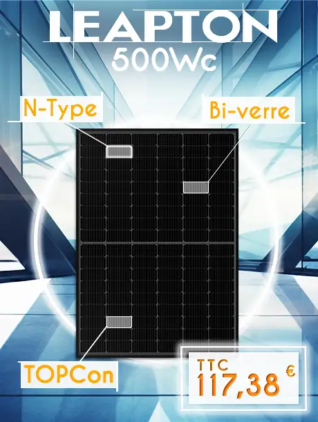 Panneau solaire Leapton N-Type 500Wc TOPCon bifacial sur un fond abstrait en verre bleuté. Ses points fort sont mentionnés: Bi-faciale, Cellules N-Type, une puissance de 500 Wc et cellule Top-Con