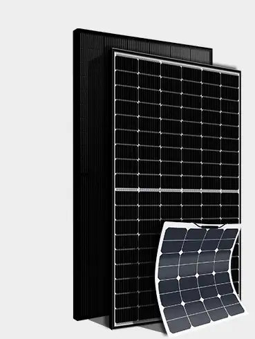 Solar panels: rigid all-black, rigid traditional blue, and flexible