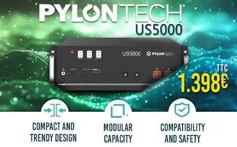 Pylontech US5000 solar battery with compact design, capacity, modularity, compatibility and safety, at 1398 € incl. VAT on an abstract blue and green background