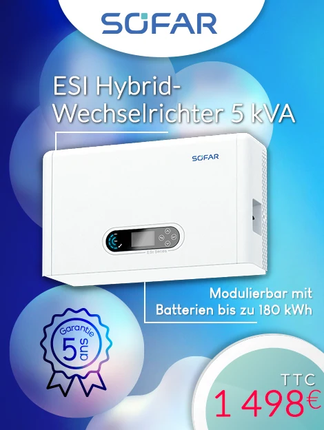 Hybrid-Wechselrichter Sofar Solar 5 kVA modulierbar bis 180 kWh mit 5 Jahren Garantie, Preis inkl. MwSt. von 1498 €, auf blauem Hintergrund mit weißen Blasen.