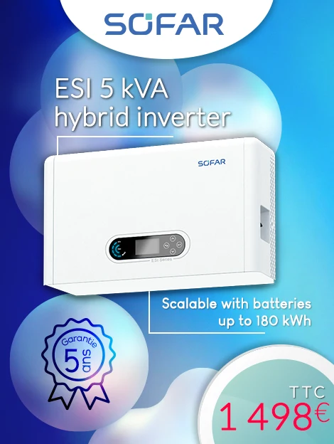 Sofar Solar 5 kVA hybrid inverter, scalable up to 180 kWh with 5-year warranty, price incl. VAT 1498 €, on blue background with white bubbles