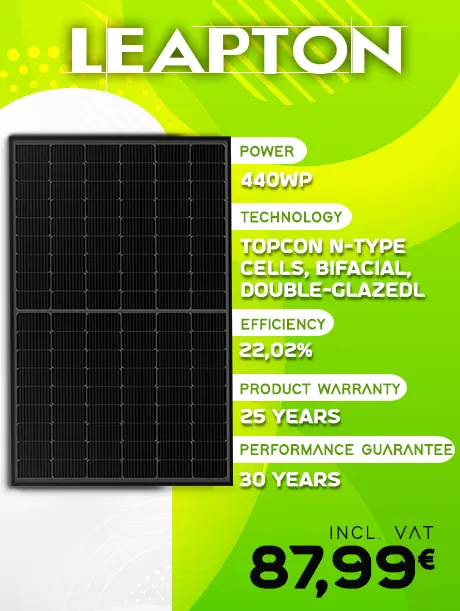 Solar panel Leapton N-Type 440Wc TOPCON bifacial on abstract green background. Description: Power of 440Wp, Technology: N-Type TOPCON cells, Bifacial, double glazing. Efficiency: 22.02%. Product warranty: 25 years. Performance guarantee: 30 years. At a price of €87.99 TTV