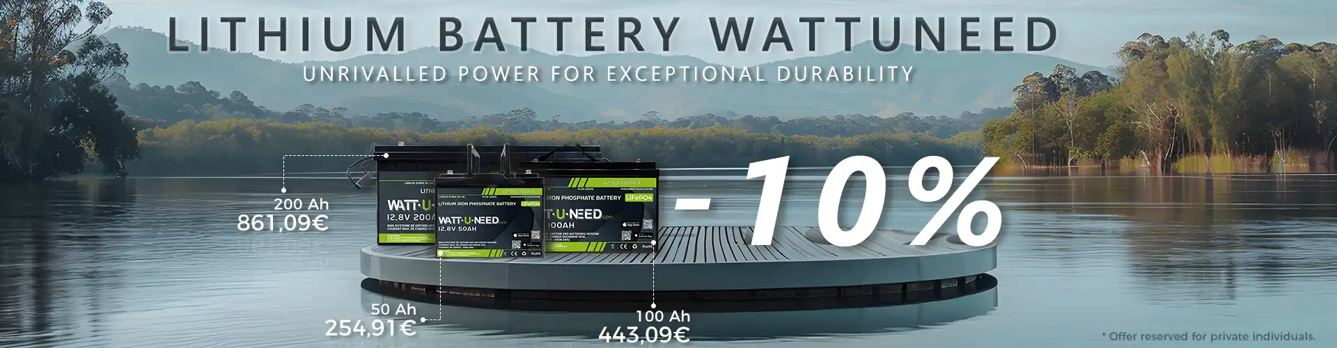 10 percent promotion on Wattuneed batteries with aquatic landscape in the background