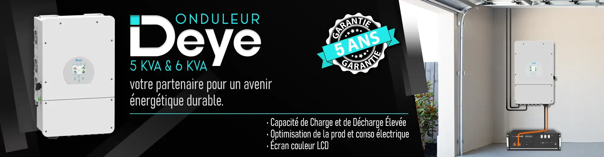 Onduleur DEYE 5kVA et 6 kVA sur un fond noir. Il est indiqué 