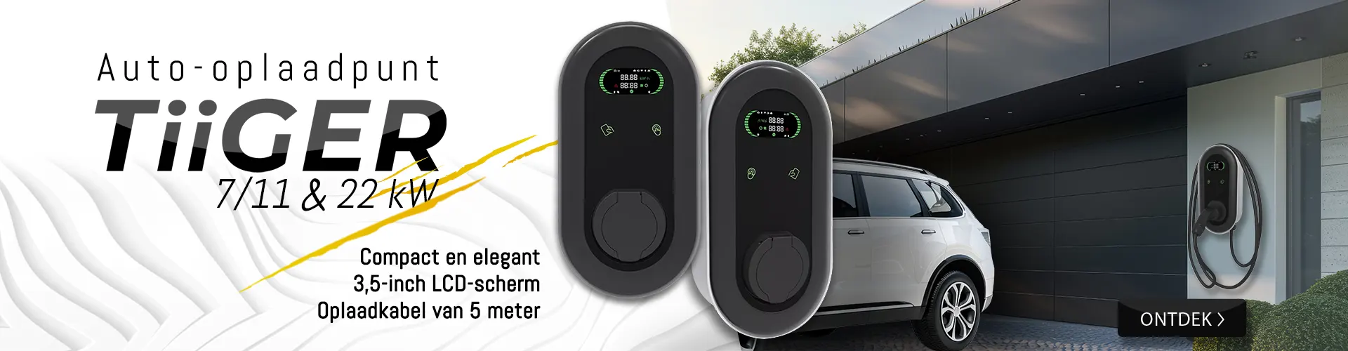 Promo van het Tiiger 7-11 en 22 kW auto-oplaadpunt. Voordelen: compact en elegant, 3,5 inch LCD-scherm, laadkabel van 5 meter. Hier ziet u een voorbeeld van een oplaadpunt dat buiten een garage is geplaatst met een auto ervoor geparkeerd